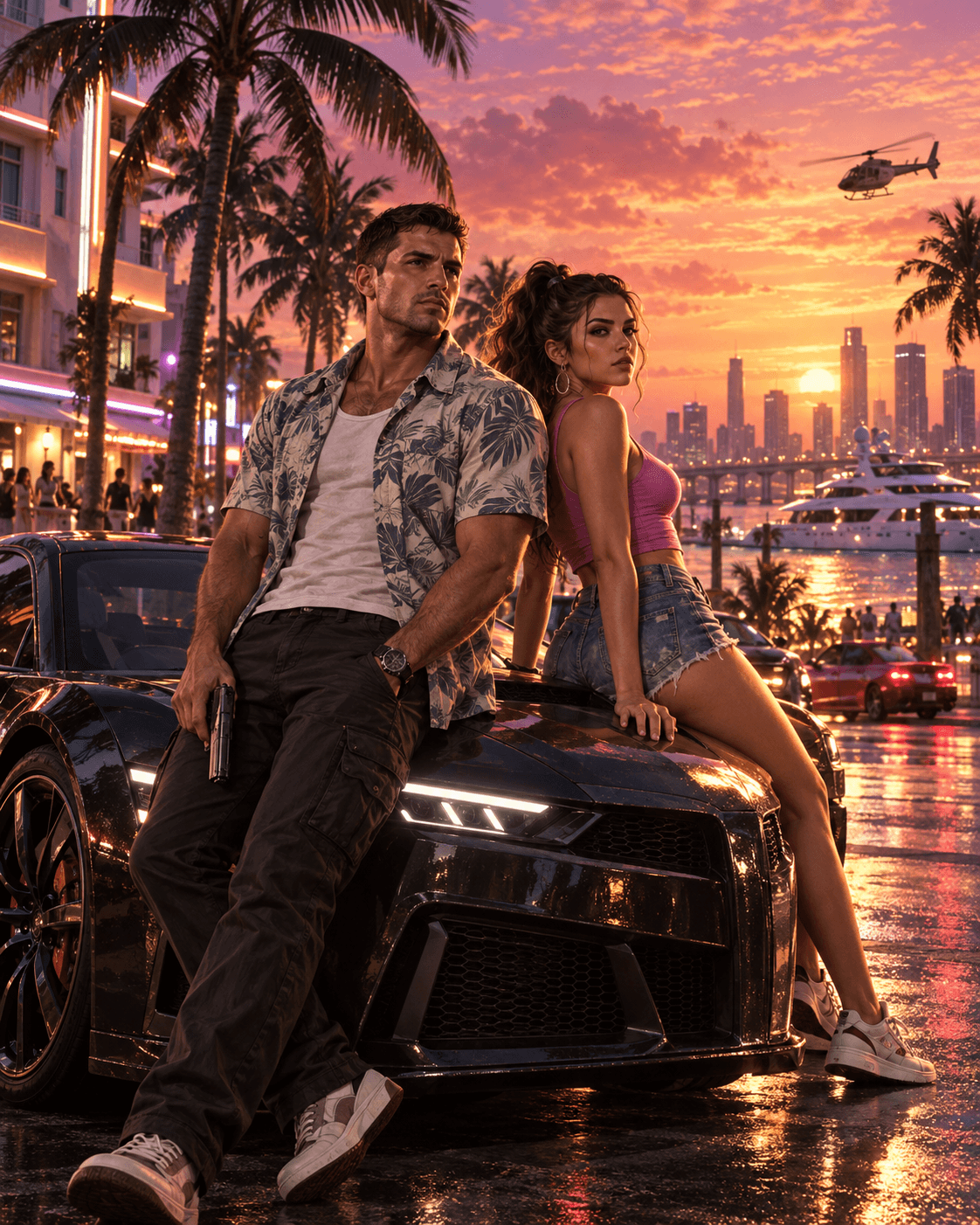 Персонажи на фоне ночного Майами в стиле GTA VI