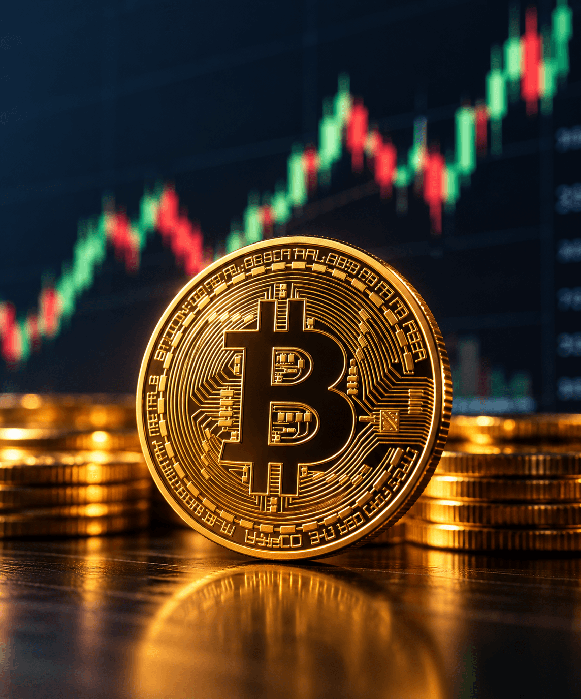 Монета биткоина на фоне биржевого графика